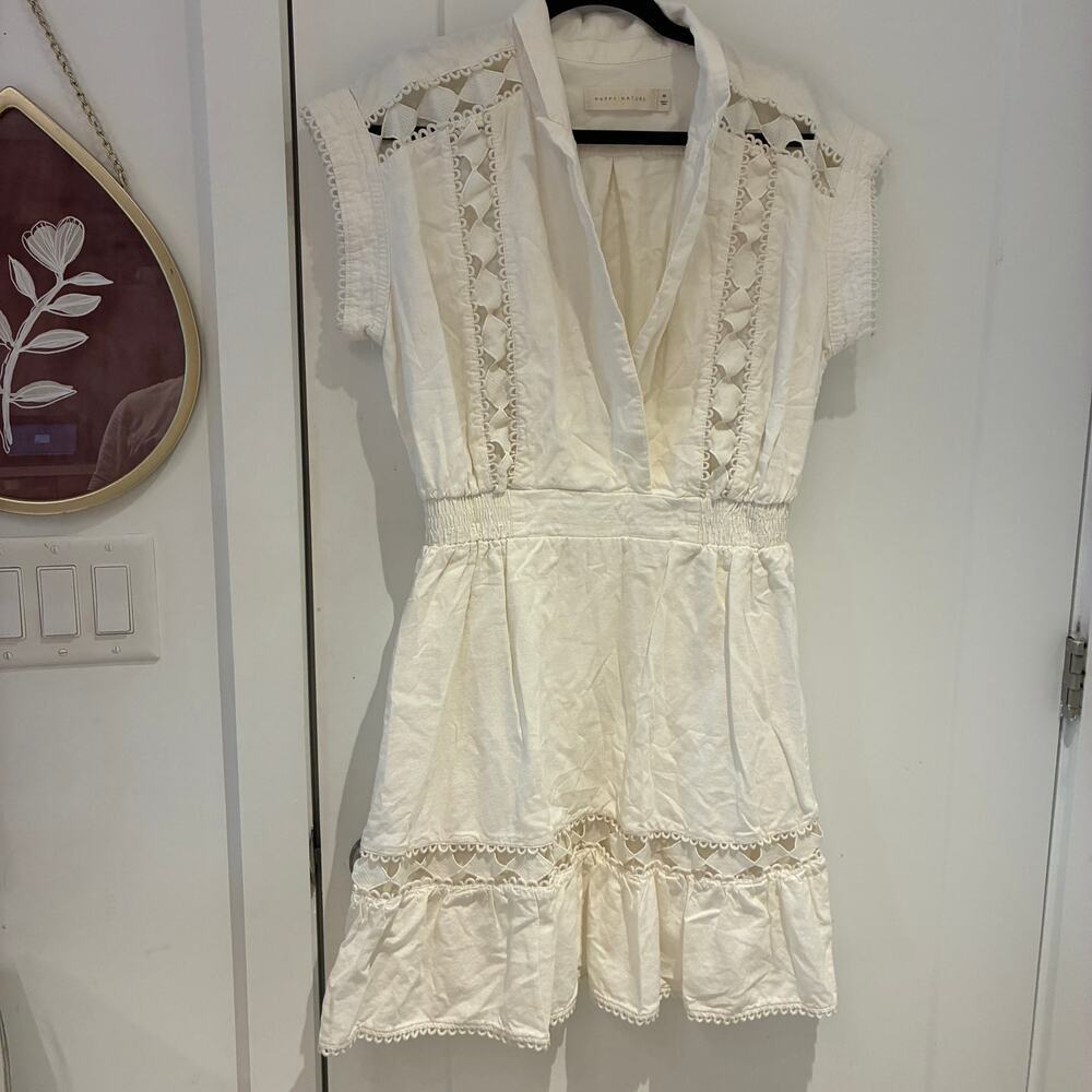Happy x Nature White Linen Eyelet Ruffle Trim Dress Medium
